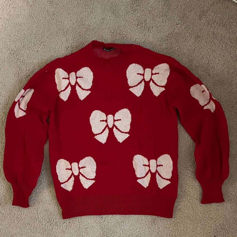 SHEIN | Warm Vibrant Red *Holiday Sweater* w/ White Bows | Slight Balloon Sleeve - Picture 2 of 11